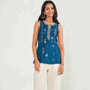 Teal Blue Ethnic Motif Sleeveless Tunic Top