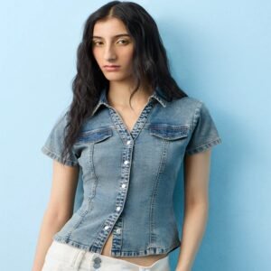 Classic Blue Fitted Short-Sleeve Denim Top