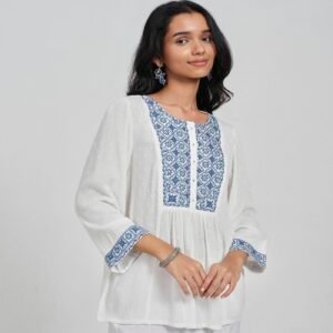 White & Blue Embroidered Flared Tunic Top