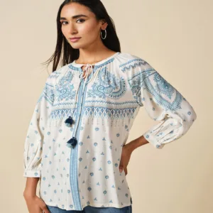 Blue Paisley Printed Boho Tassel Tunic Top
