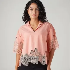 Peach Pink Floral Lace Detailed Boxy Top