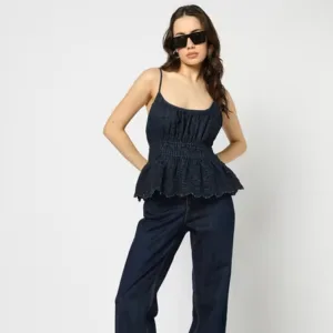 Navy Blue Smocked Peplum Cami Top with Schiffli Hem