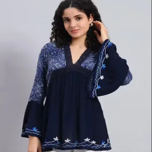 Navy Blue Embroidered Bell-Sleeve Boho Tunic Top