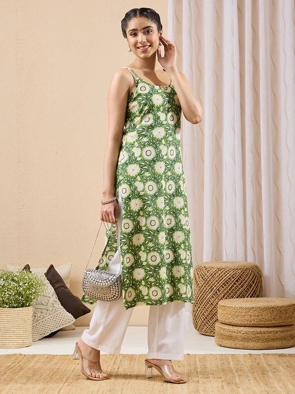 Janasya Women's Green Pure Cotton Floral Printed Straight Kurta - Image 4