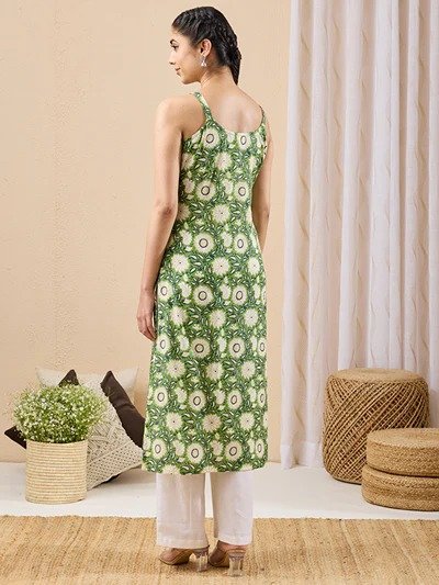 Janasya Women's Green Pure Cotton Floral Printed Straight Kurta - Image 5