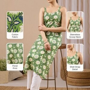 Janasya Women's Green Pure Cotton Floral Printed Straight Kurta