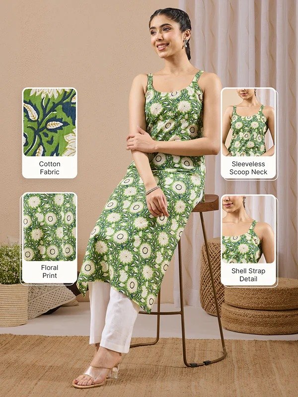 Janasya Women's Green Pure Cotton Floral Printed Straight Kurta