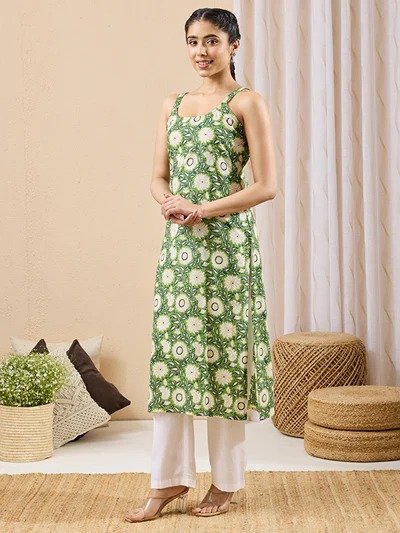 Janasya Women's Green Pure Cotton Floral Printed Straight Kurta - Image 6
