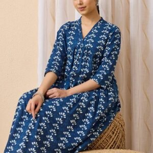 Janasya Women's Blue Pure Cotton Ethnic Motifs Printed Gathered Kurta