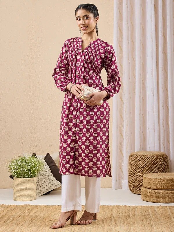 Janasya Women's Purple Pure Cotton Floral Printed Straight Kurta - Image 2