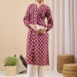 Janasya Women's Purple Pure Cotton Floral Printed Straight Kurta