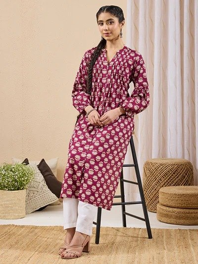 Janasya Women's Purple Pure Cotton Floral Printed Straight Kurta - Image 3
