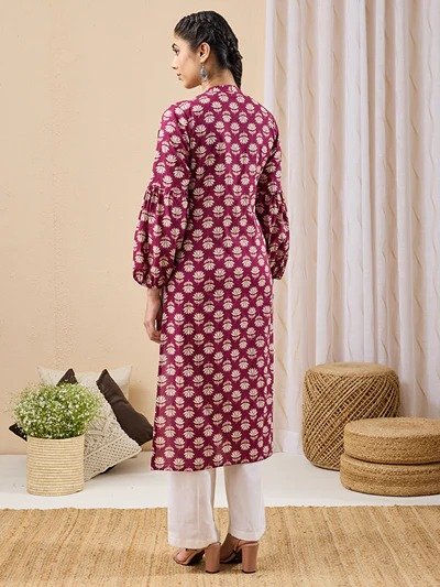 Janasya Women's Purple Pure Cotton Floral Printed Straight Kurta - Image 4