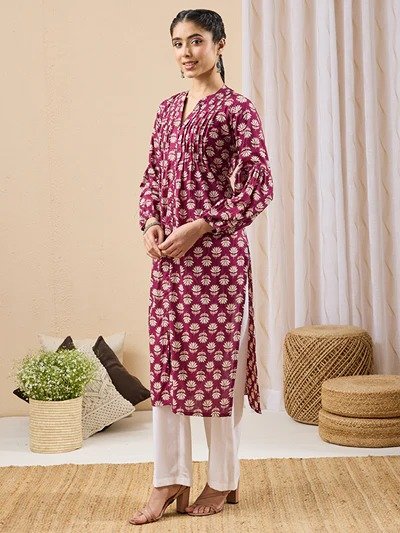 Janasya Women's Purple Pure Cotton Floral Printed Straight Kurta - Image 5