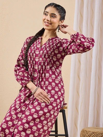 Janasya Women's Purple Pure Cotton Floral Printed Straight Kurta - Image 6