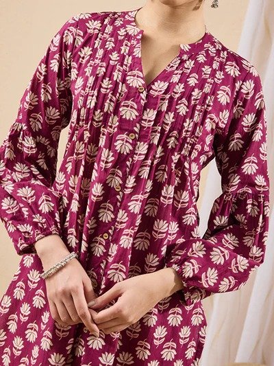 Janasya Women's Purple Pure Cotton Floral Printed Straight Kurta - Image 7