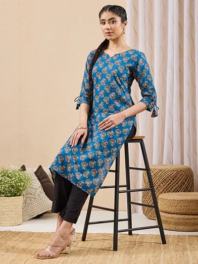 Janasya Women's Navy Blue Pure Cotton Floral Printed Straight Kurta - Image 2