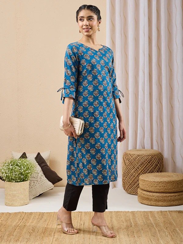 Janasya Women's Navy Blue Pure Cotton Floral Printed Straight Kurta - Image 4