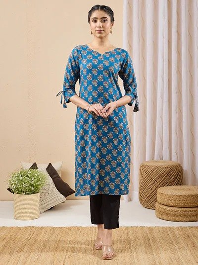 Janasya Women's Navy Blue Pure Cotton Floral Printed Straight Kurta - Image 3