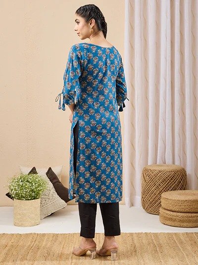 Janasya Women's Navy Blue Pure Cotton Floral Printed Straight Kurta - Image 5