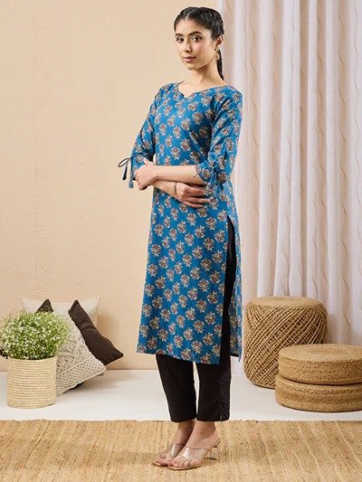 Janasya Women's Navy Blue Pure Cotton Floral Printed Straight Kurta - Image 6