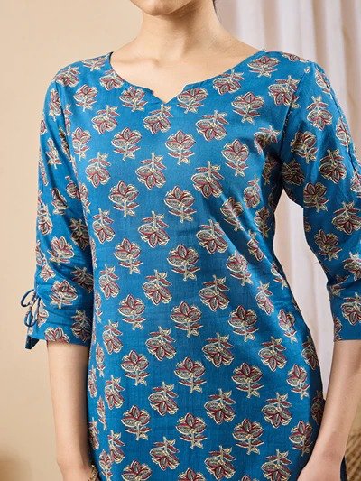Janasya Women's Navy Blue Pure Cotton Floral Printed Straight Kurta - Image 7