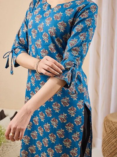 Janasya Women's Navy Blue Pure Cotton Floral Printed Straight Kurta - Image 8