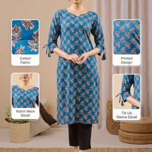 Janasya Women's Navy Blue Pure Cotton Floral Printed Straight Kurta