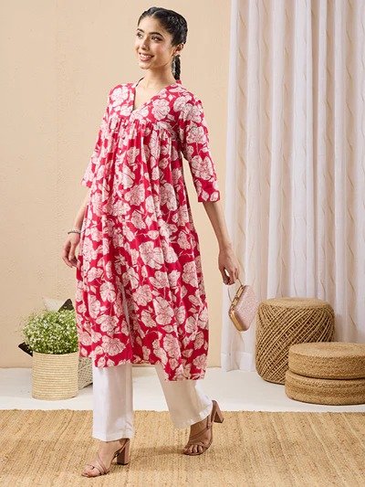 Janasya Women's Pink Pure Cotton Floral Printed A-line Kurta - Image 2
