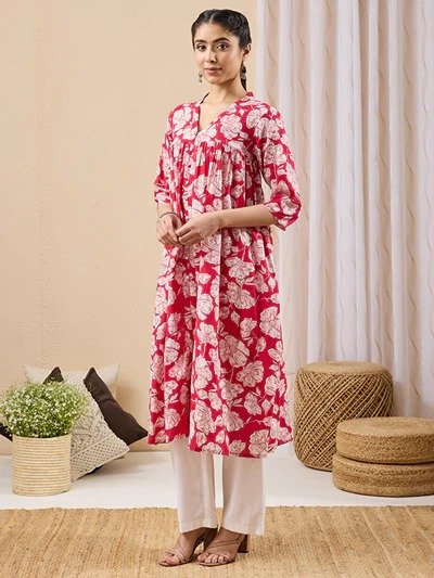 Janasya Women's Pink Pure Cotton Floral Printed A-line Kurta - Image 4
