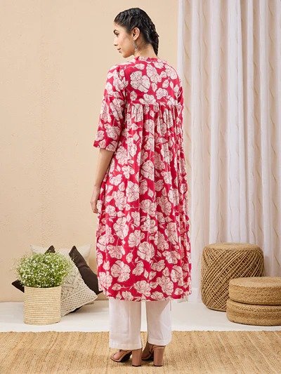 Janasya Women's Pink Pure Cotton Floral Printed A-line Kurta - Image 5