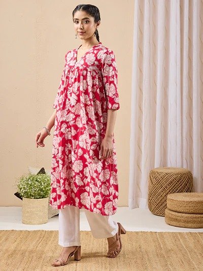 Janasya Women's Pink Pure Cotton Floral Printed A-line Kurta - Image 6