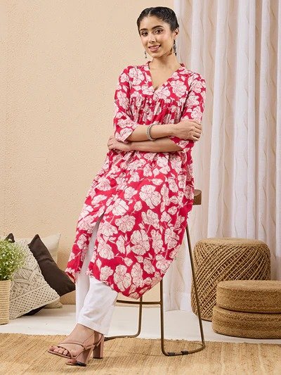 Janasya Women's Pink Pure Cotton Floral Printed A-line Kurta - Image 7