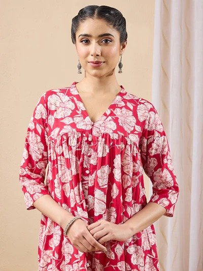 Janasya Women's Pink Pure Cotton Floral Printed A-line Kurta - Image 8