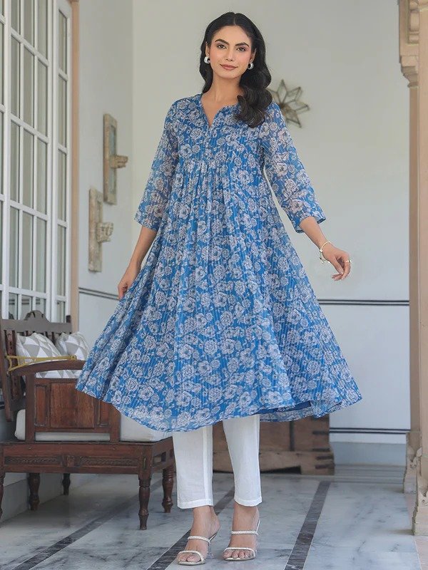 Janasya Women's Blue Chiffon Lurex Floral Printed A-line Kurta - Image 3