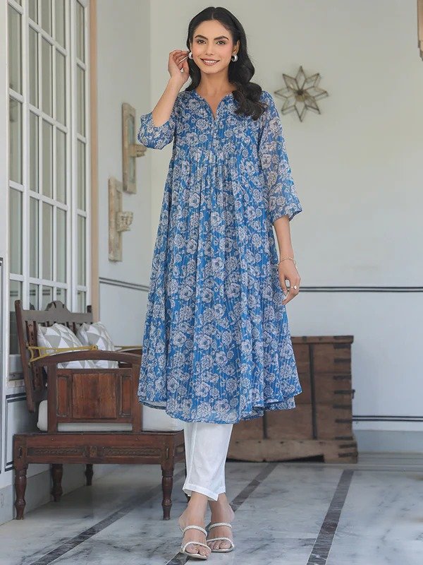 Janasya Women's Blue Chiffon Lurex Floral Printed A-line Kurta - Image 2