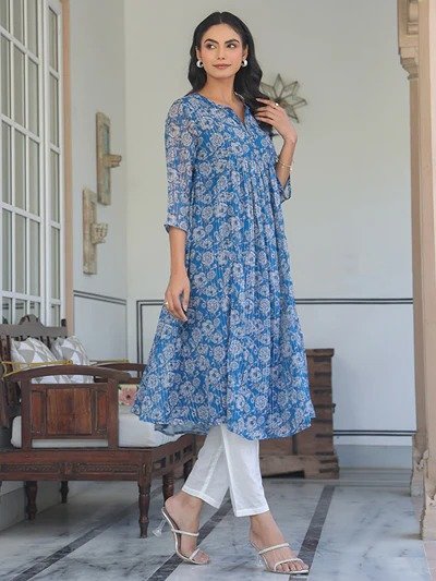 Janasya Women's Blue Chiffon Lurex Floral Printed A-line Kurta - Image 4