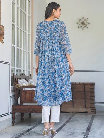 Janasya Women's Blue Chiffon Lurex Floral Printed A-line Kurta - Image 5