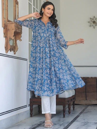 Janasya Women's Blue Chiffon Lurex Floral Printed A-line Kurta - Image 6