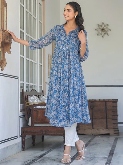 Janasya Women's Blue Chiffon Lurex Floral Printed A-line Kurta - Image 7