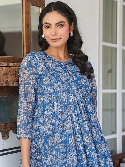 Janasya Women's Blue Chiffon Lurex Floral Printed A-line Kurta - Image 8