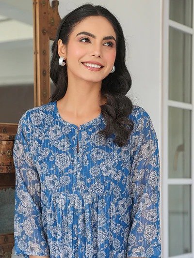 Janasya Women's Blue Chiffon Lurex Floral Printed A-line Kurta - Image 9