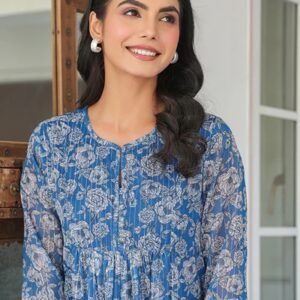 Janasya Women's Blue Chiffon Lurex Floral Printed A-line Kurta