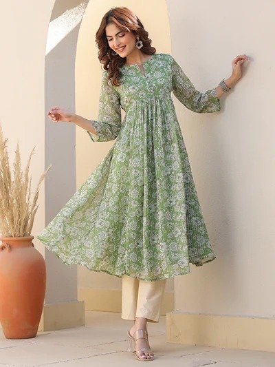Janasya Women's Green Chiffon Lurex Floral Printed A-line Kurta - Image 2