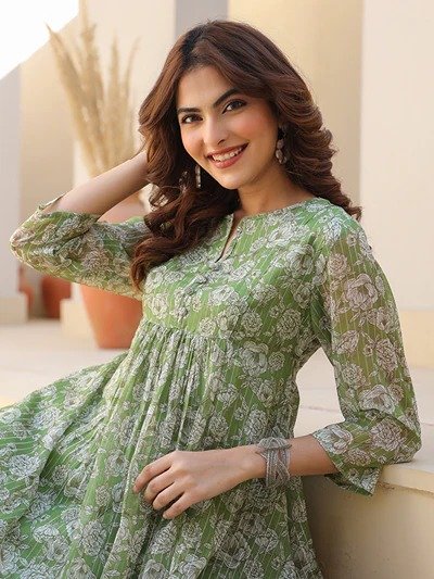 Janasya Women's Green Chiffon Lurex Floral Printed A-line Kurta