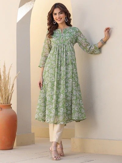 Janasya Women's Green Chiffon Lurex Floral Printed A-line Kurta - Image 3
