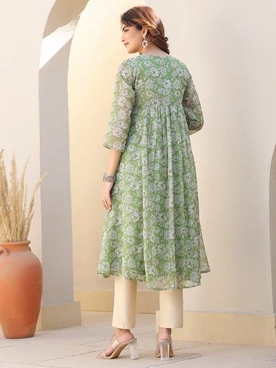 Janasya Women's Green Chiffon Lurex Floral Printed A-line Kurta - Image 4