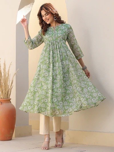 Janasya Women's Green Chiffon Lurex Floral Printed A-line Kurta - Image 5