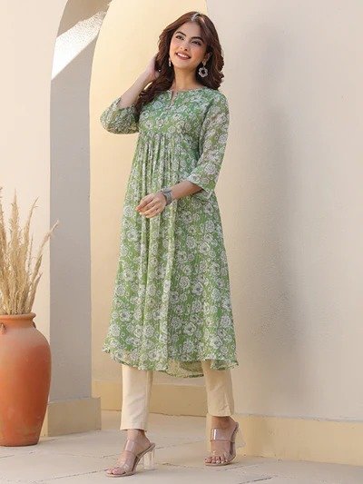 Janasya Women's Green Chiffon Lurex Floral Printed A-line Kurta - Image 6