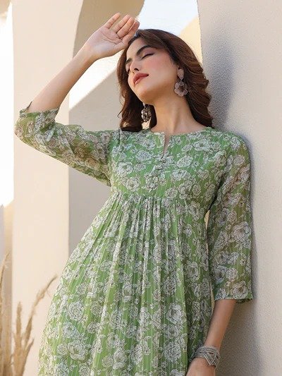 Janasya Women's Green Chiffon Lurex Floral Printed A-line Kurta - Image 7